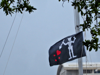 a unique flag flying on a sailboat