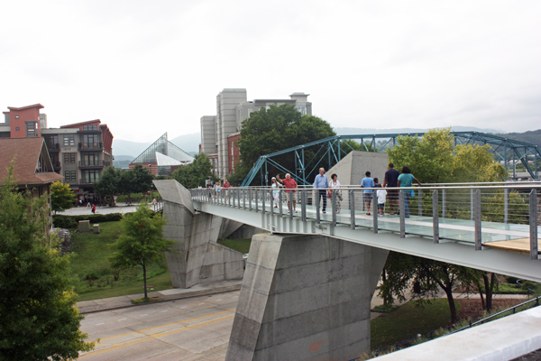 the two RV Gypsies on a pediestrian bridge