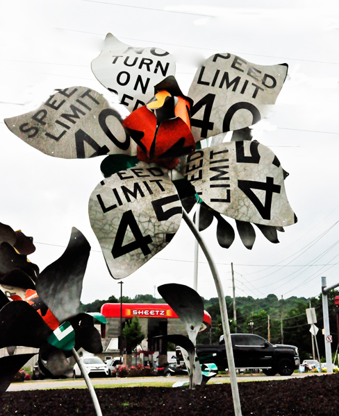 flower art made from road signs