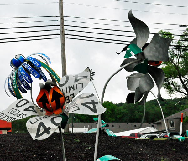 flower art made from road signs