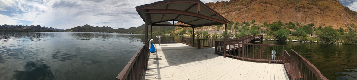 Panorama of Saguaro Lake, the pier and Karen Duquete