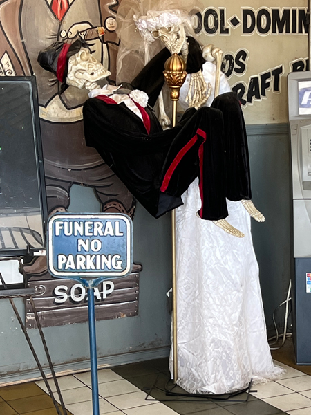 Funeral - no parking sign and skeletens